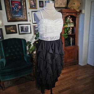 Finesse White Black Tiered Ruffle High Low Prom Dress with Rhinestone Waist Belt